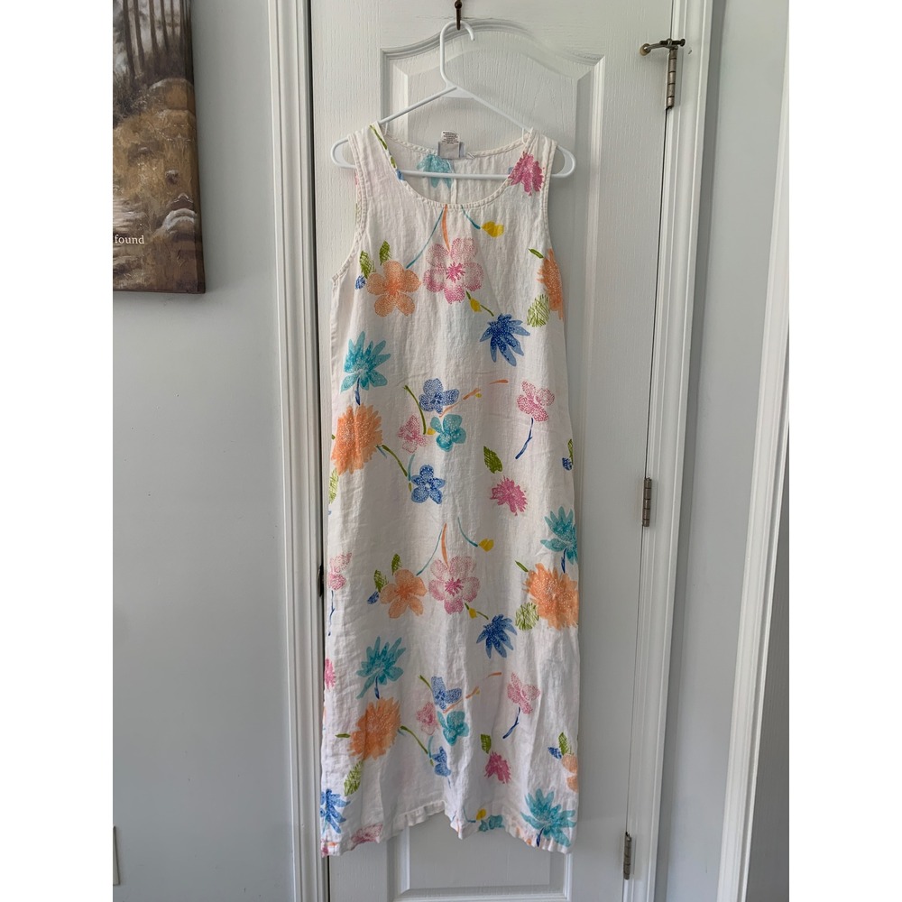 Hot‎ Cotton by Marc Ware Linen Maxi Dress Womens Medium White Floral Sleeveless